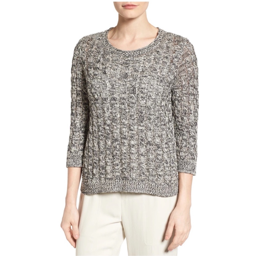 Eileen Fisher Organic Cotton Cable Knit Sweater Crewneck Pullover Black White XL